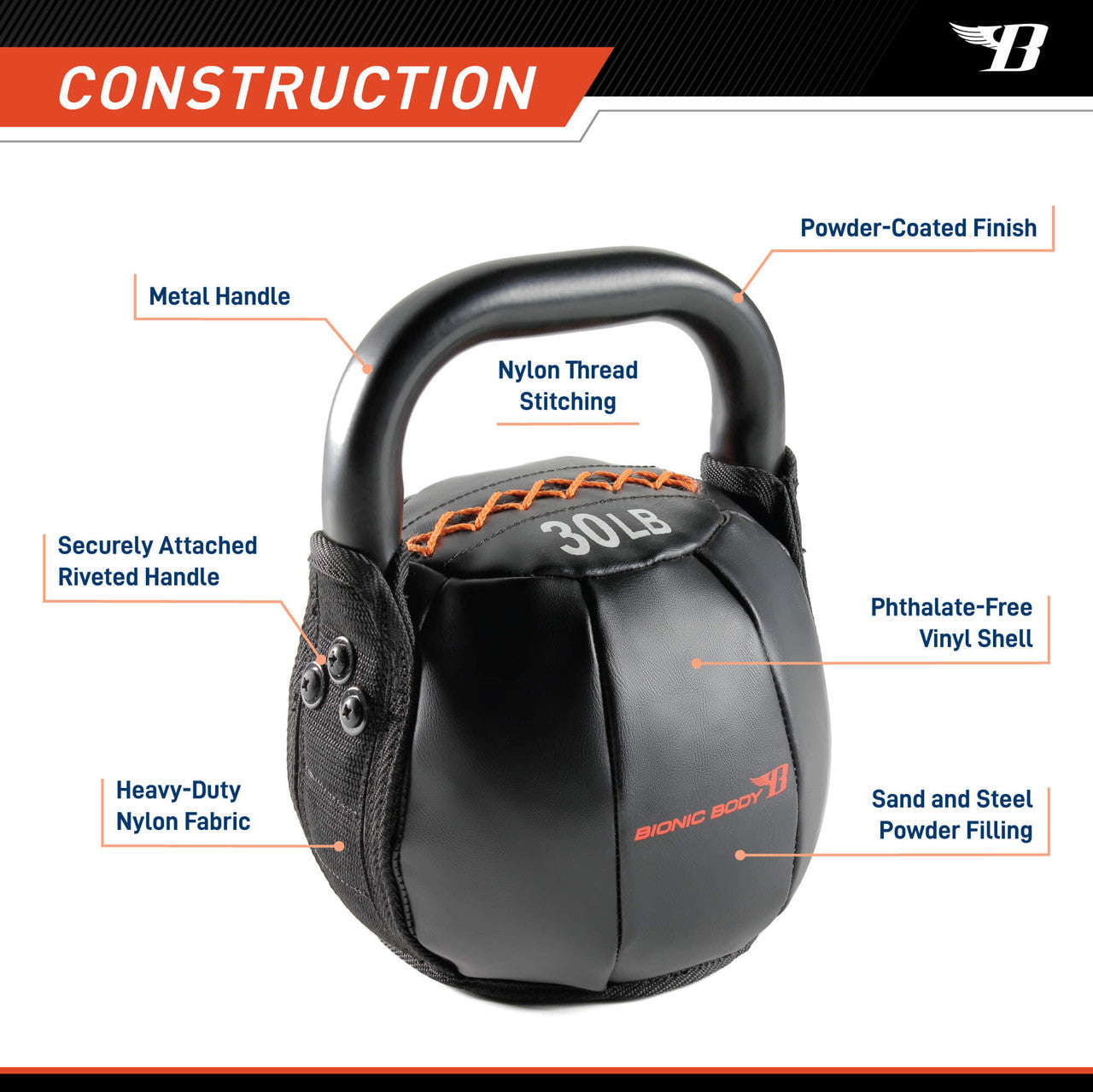 30lb Soft Kettlebell - Bionic Body Adjustable Weight for Home Gym, Strength Training & CrossFit | BBKB 30 | Perfect for Indoor Workouts, HIIT & Functional Fitness