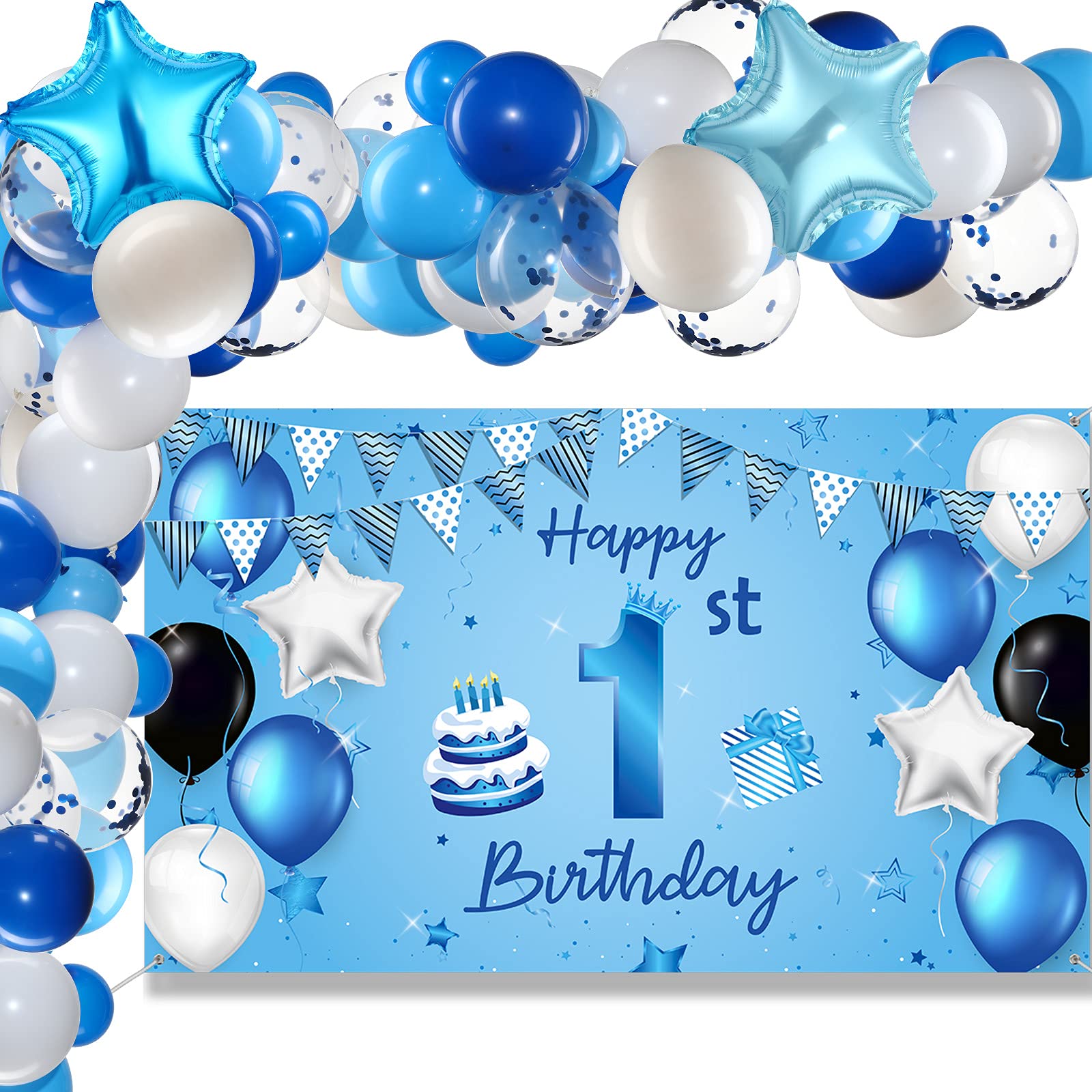 88 Pcs Blue Baby Boy 1st Birthday Party Decorations Set - Backdrop, Banner, Foil Star Balloons for First Birthday Party & Baby Shower Decor | Perfect for Cake Smash Photo Shoot & Nursery Room Decoration