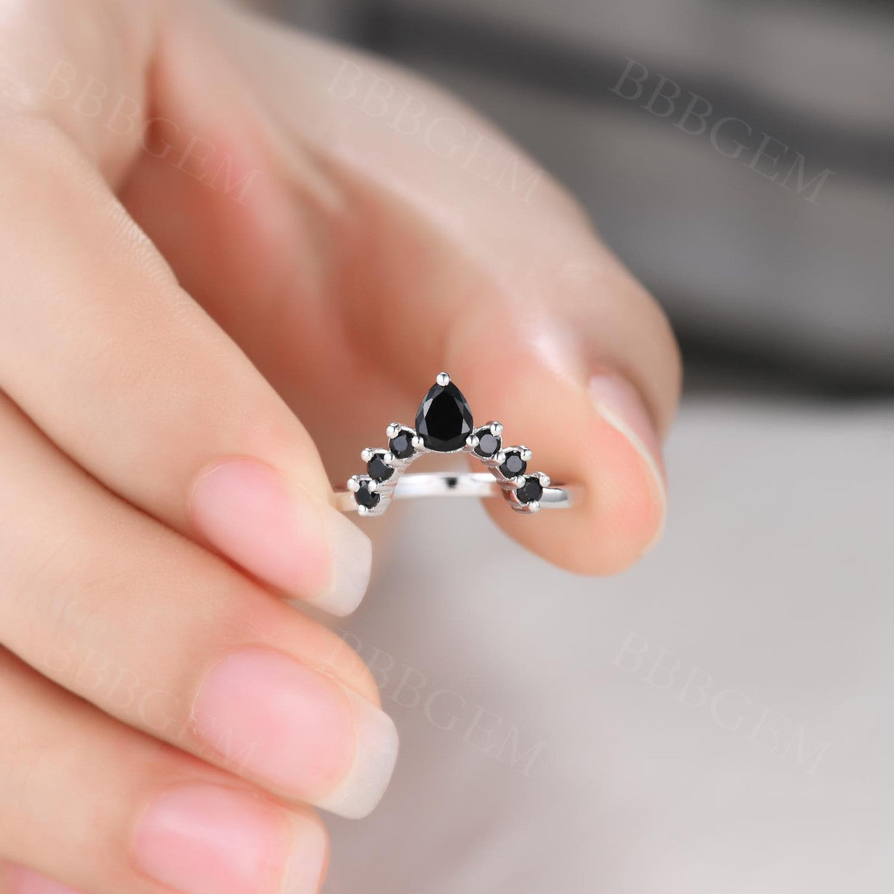 Women's Stackable Pear Black Onyx Spinel Curved Wedding Band Ring - Elegant Jewelry for Brides, Anniversaries & Special Occasions