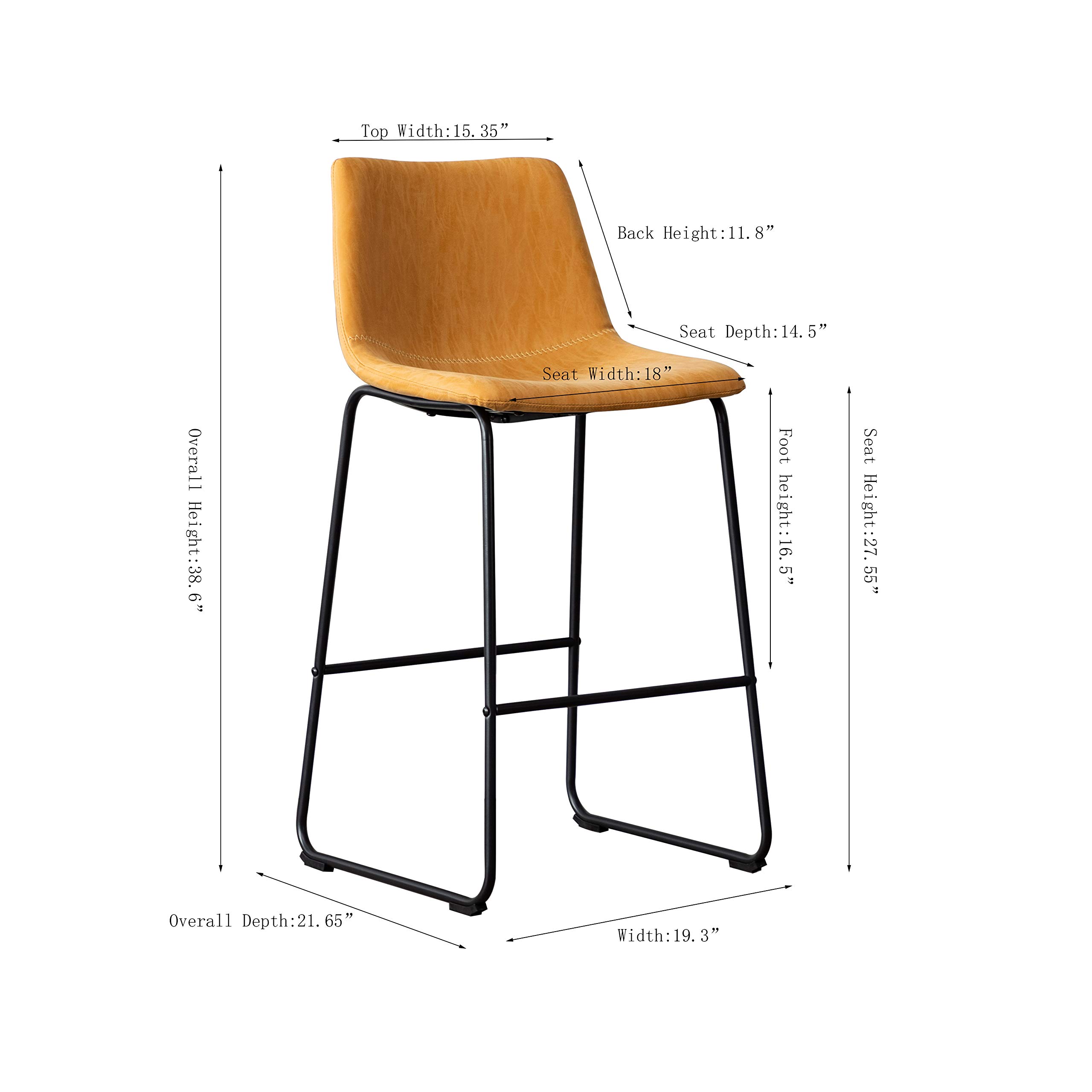 Vanity Art Set of 2 Synthetic Leather Upholstered Bar Stools - Armless Dining Chairs with Sturdy Metal Legs in Yellow Tan - Perfect for Kitchen Islands, Breakfast Bars & Home Decor