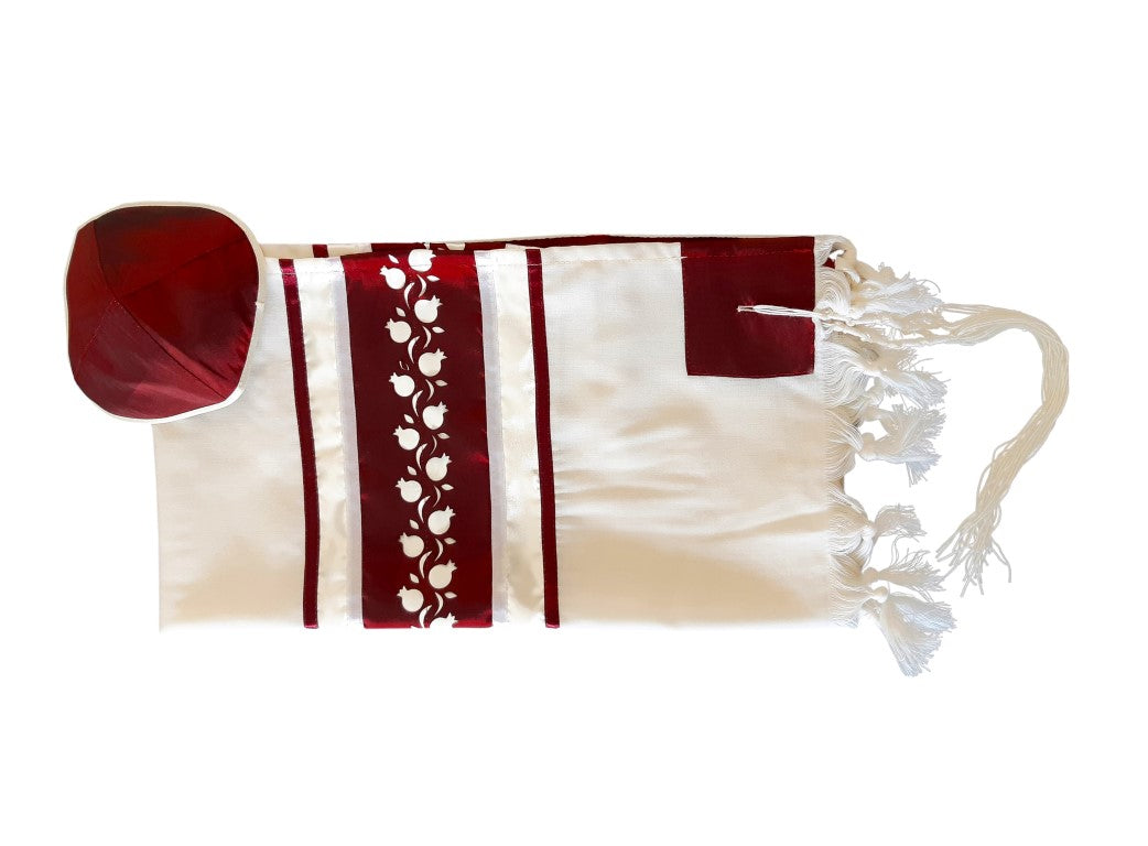 Premium Red Pomegranate Pattern Men's Prayer Shawl - Jewish Tallit for Bar Mitzvah, Synagogue & Religious Ceremonies