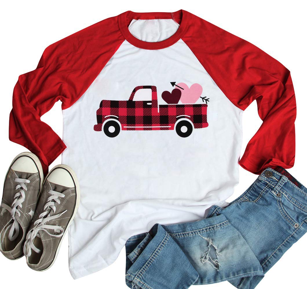Valentine's Day Love Heart Buffalo Plaid Letter Print Raglan T-Shirt for Women - Cute White Tee for Date Night, Gifts & Casual Outfits