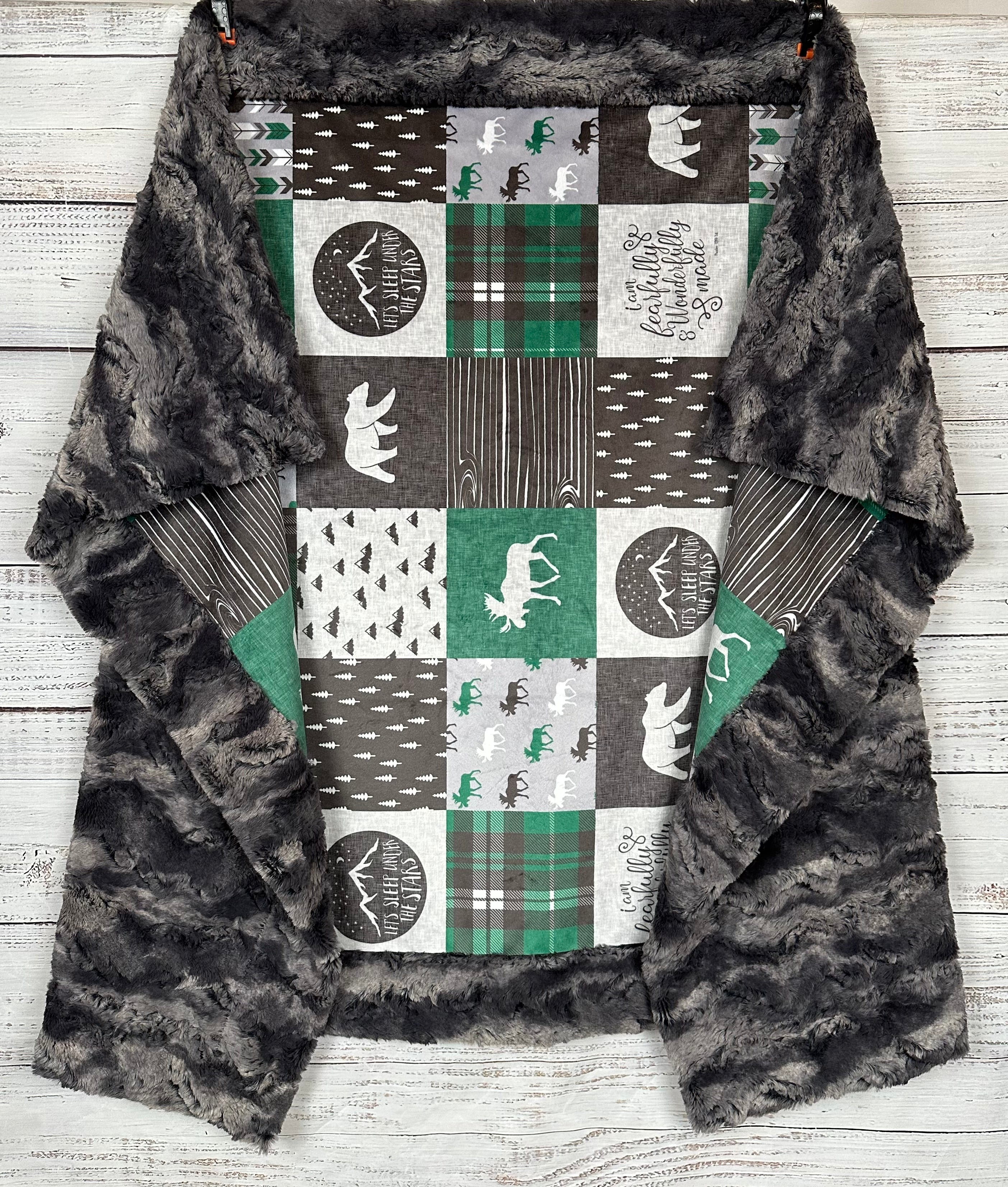 Green and Gray Patchwork Minky Blanket - 40x61 Inches Child Size with Pillowcase | Soft & Cozy for Bedtime, Nursery, Stargazing | Nine Iron Luxe Collection