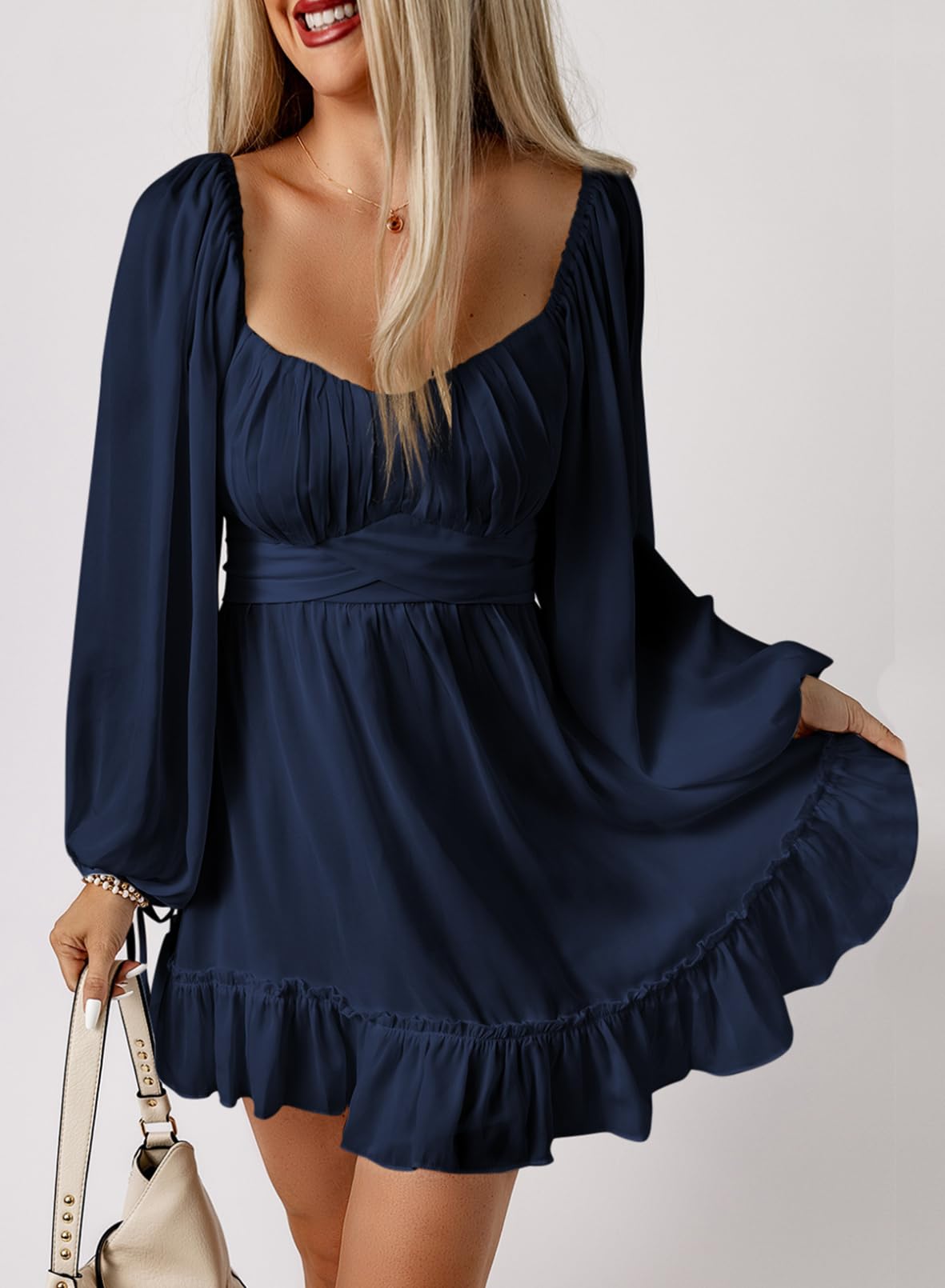Elegant Square Neck Long Lantern Sleeve Ruffle A-Line Mini Dress for Women | Spring Wedding Guest Dress 2025 | Perfect for Cocktail Parties, Bridal Showers & Formal Events