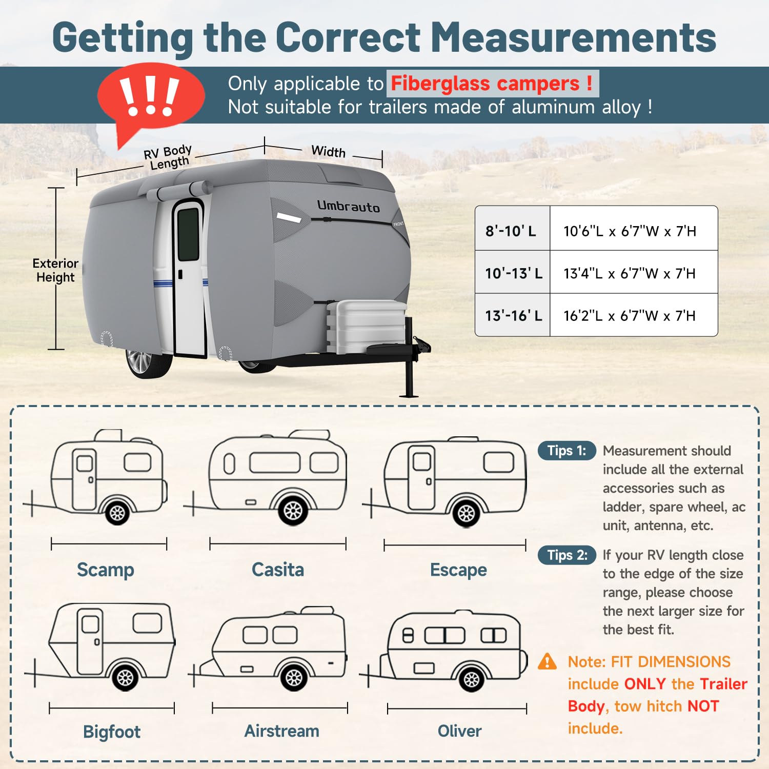 2023 Upgraded 7-Layer Fiberglass Travel Trailer Cover for 8'-10' Trailers - Windproof Strap & Adhesive Repair Patches Included | Perfect for RV, Camper, and Outdoor Travel Protection