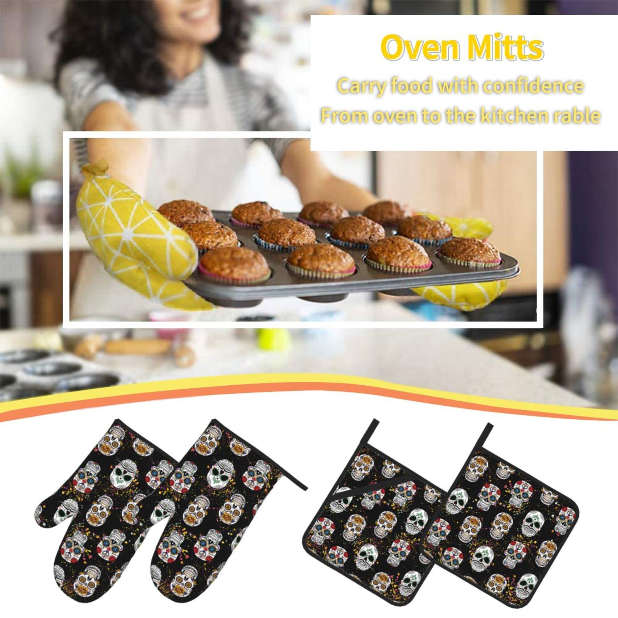 Day of The Dead Sugar Skull 4-Piece Oven Mitts and Pot Holders Set - Soft Quilted Cotton Lining for Cooking, Baking & Grilling - Durable Kitchen Utensils - Perfect for Halloween, Mexican Decor & Themed Parties