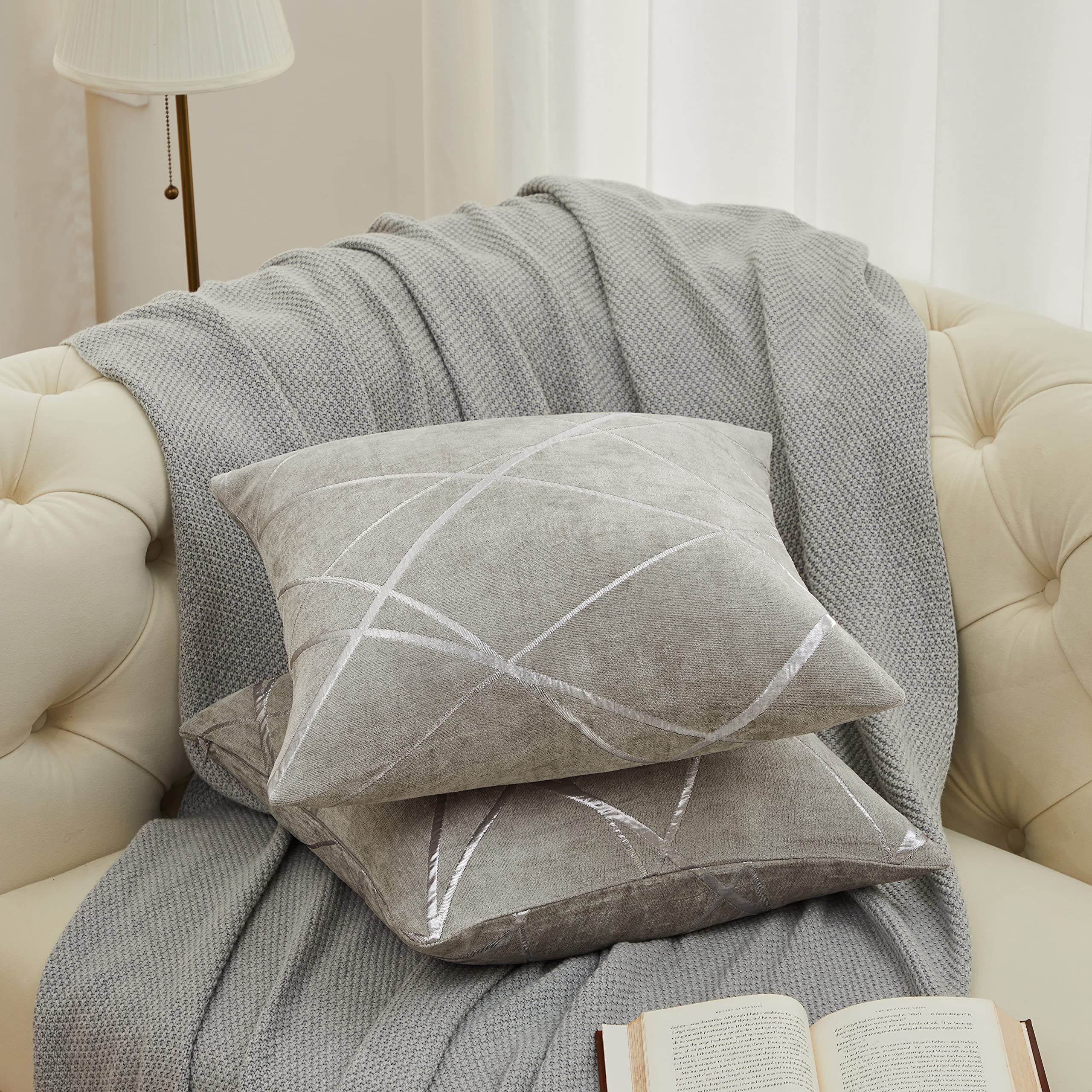 GIGIZAZA 24x24 Inch Decorative Couch Pillow Covers - Set of 2 Square Grey Luxury Sofa Cushion Covers with Thick Insert - Perfect for Living Room, Bedroom & Home Decor