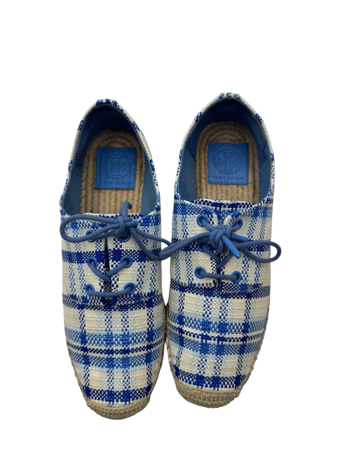 Tory Burch Blue Plaid Florence Espadrille Wedge Sandals - Women's Size 7.5 (US) Comfortable Casual Summer Shoes for Beach, Vacation & Everyday Wear