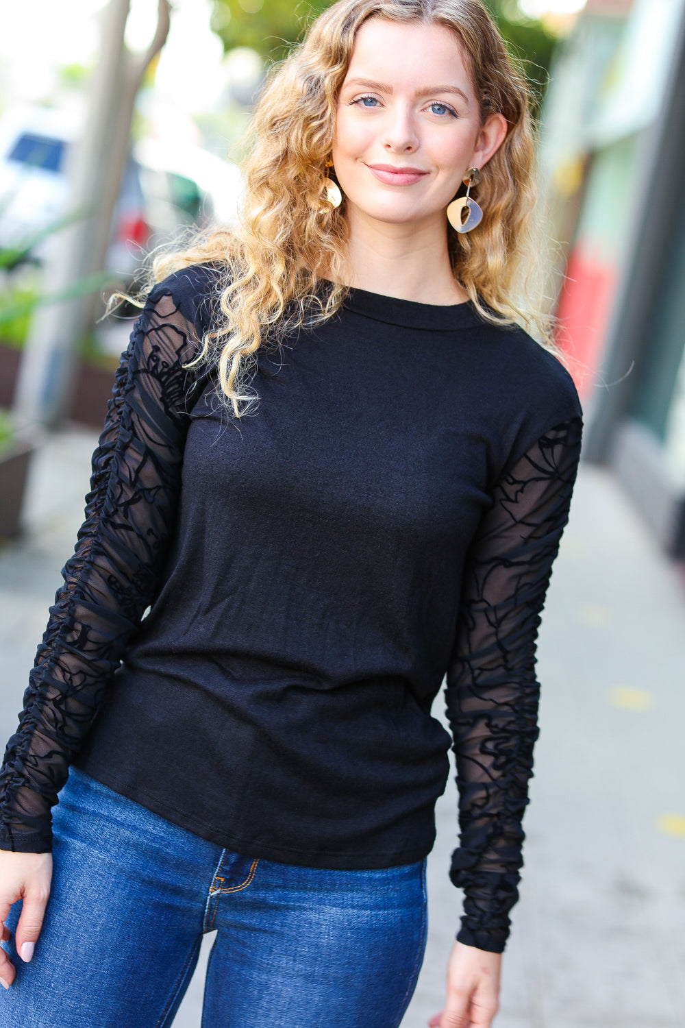 Black Shirred Velvet Mesh Blouse - Elegant Women's Fashion Top for Party & Evening Wear