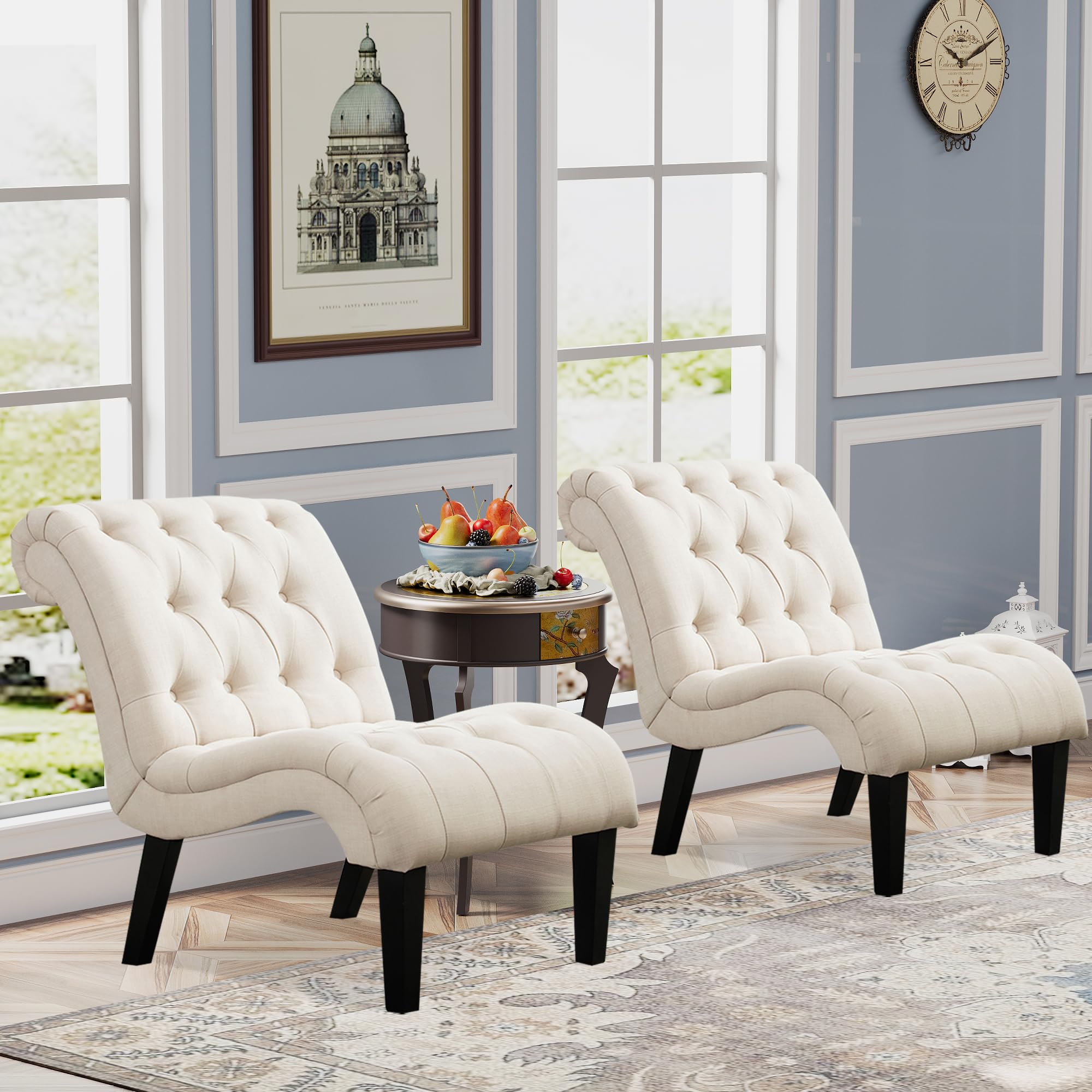Yongqiang Set of 2 Upholstered Tufted Accent Chairs with Wood Legs & Linen Fabric - Modern Armless Side Chairs for Living Room, Bedroom, or Office Decor