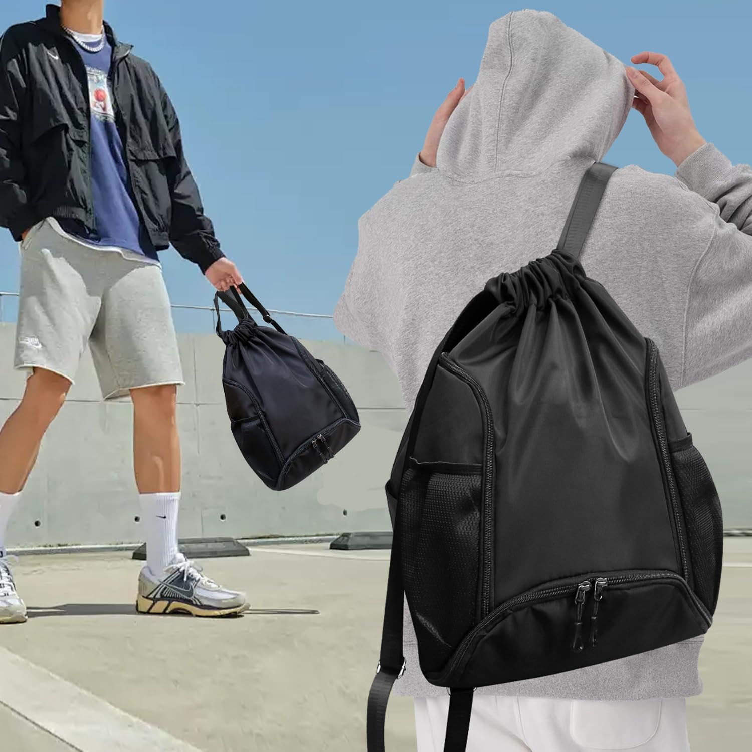 32L Large Capacity Gym Bag with Shoe Compartment & Water Bottle Holder - Drawstring Sports Backpack for Workout, Travel, and Outdoor Activities