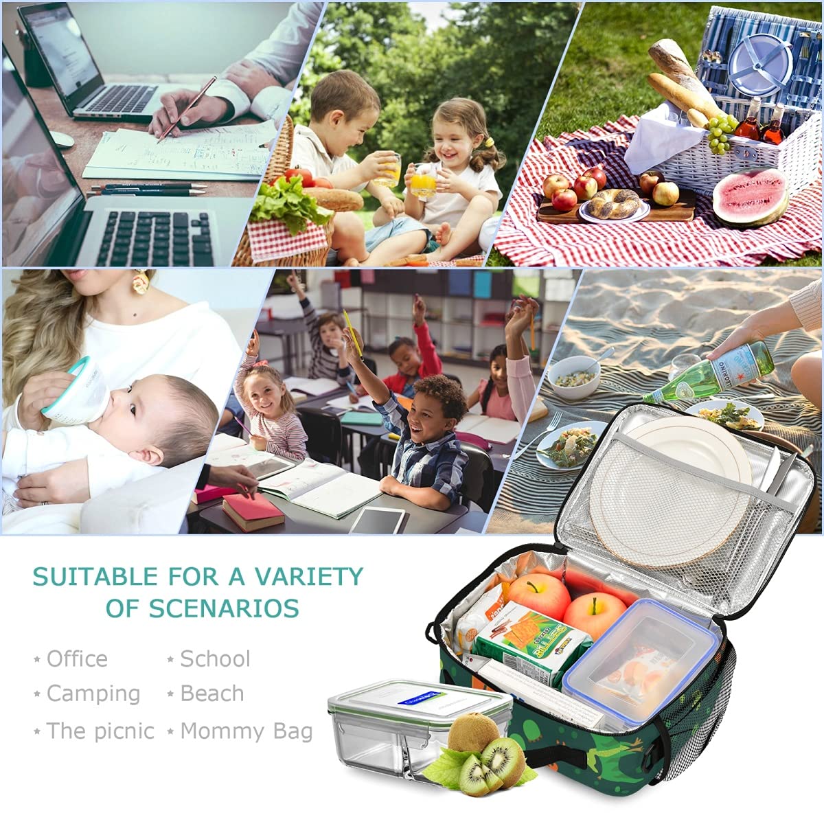 OREZI Green Dinosaur Reusable Lunch Bags for Kids - Cute Insulated Lunch Tote for Boys & Girls, School Lunch Box, Work & Picnic Container - Perfect for School, Office, Camping and Outdoor Activities