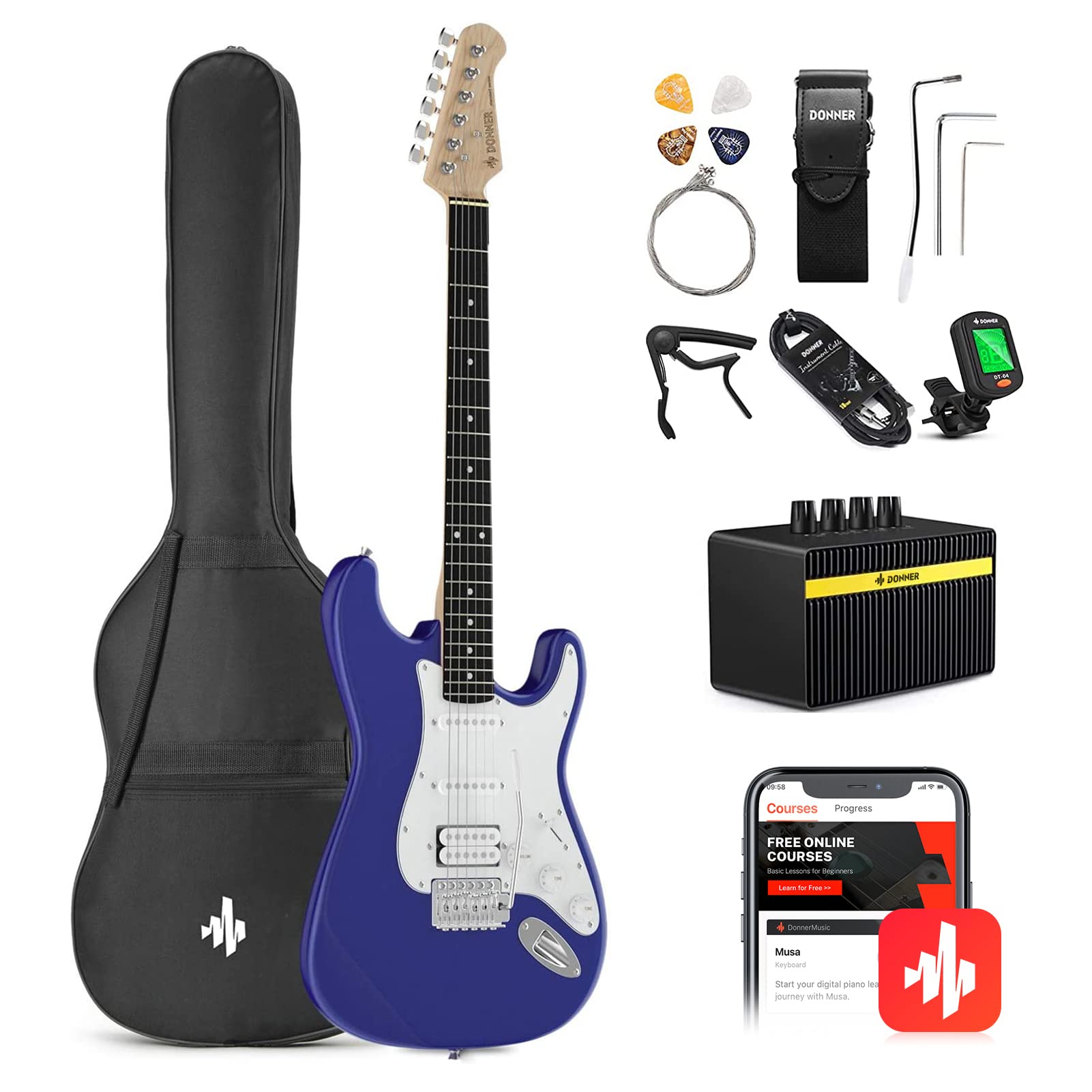 Donner DST-100L Full Size Electric Guitar with DS-1 Adjustable Guitar Stand - Perfect for Beginners, Practice, Live Performances & Home Studio Recording
