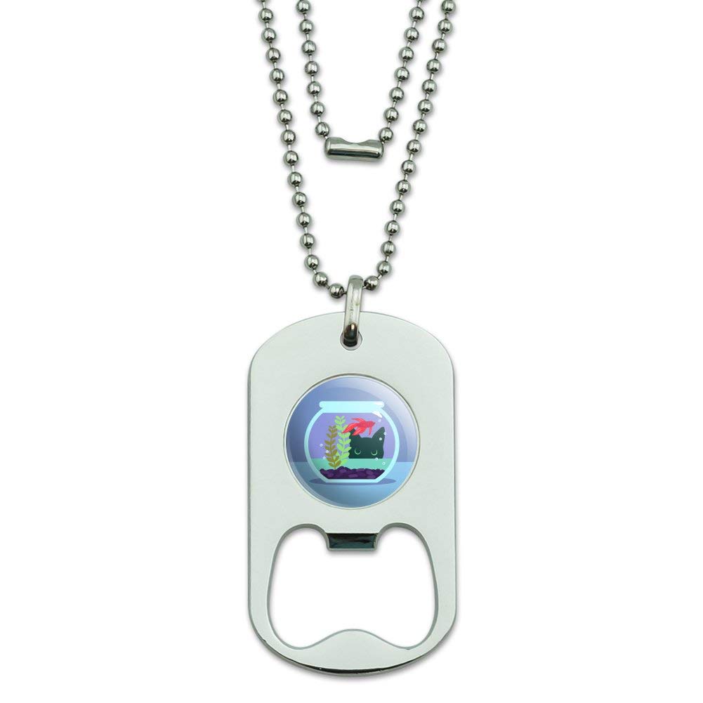 Black Cat Staring at Betta Fish Bowl Military Dog Tag Bottle Opener Pendant - Unique Graphic Novelty Gift for Cat Lovers & Military Enthusiasts - Perfect for Keychains, Necklaces & Beer Bottle Openers