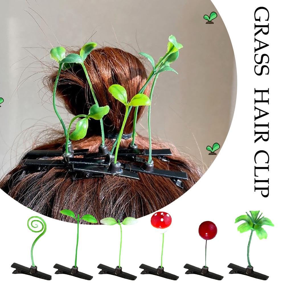 5Pcs Korean Cute Green Grass Hair Clips for Girls - Kids Floral Hairpins for School & Party