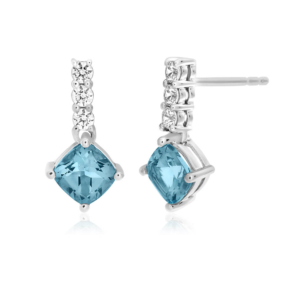 9ct White Gold Blue Topaz and Zirconia Drop Earrings for Women | Elegant Dangling Earrings for Wedding, Party & Evening Wear | Hypoallergenic Jewelry Gift