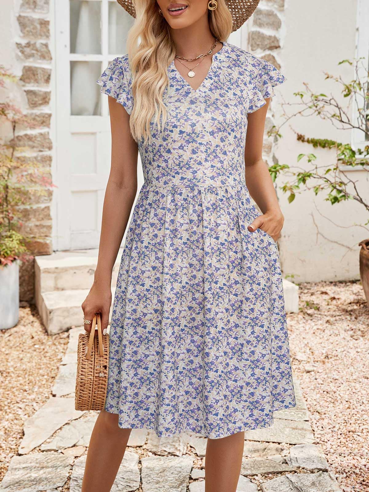 YATHON Women's Casual Floral Fit & Flare Dress - Cute Summer A-Line Knee-Length Dress with Cap Sleeves & Pockets | Perfect for Beach Outings, Brunch Dates & Summer Vacations