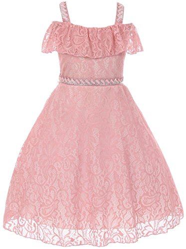 BNY Corner Off Shoulder Lace Rhinestones Easter Flower Girl Dress for Kids - Size 4-16 | Perfect for Easter Celebrations, Spring Weddings & Special Occasions