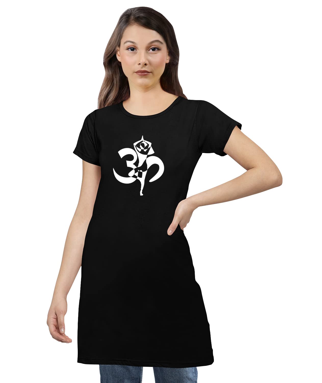 OPLU Women's Regular Fit Knee-Length Om Symbol Yoga Pose Printed Cotton Round Neck Half Sleeve T-Shirt for Yoga, Gym, Workout & Fitness | Comfortable Casual Wear for Meditation & Active Lifestyle