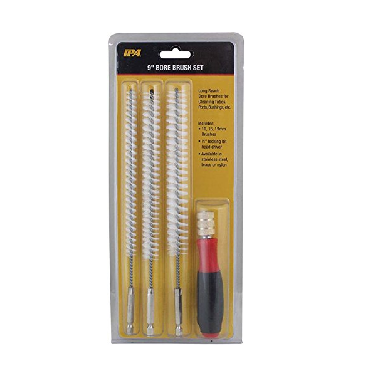 8085 9 Bore Nylon Brush Set with Handle - Heavy Duty Cleaning Tools for Industrial & Home Use - Perfect for Auto Parts, Machinery & Tough Stain Removal