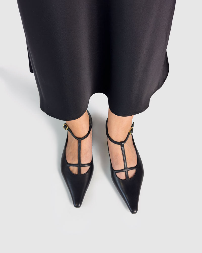 Black Leather T-Strap Kitten Heels - Women's Classic Pointed Toe Low Heel Pumps for Office, Wedding & Evening Wear