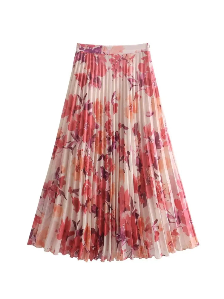 Aonibeier Women's Printed Summer Suit Set - V-Neck Casual Shirt with Pleated Maxi Skirt, Y2K Streetwear Fashion for Beach, Vacation and Daily Wear