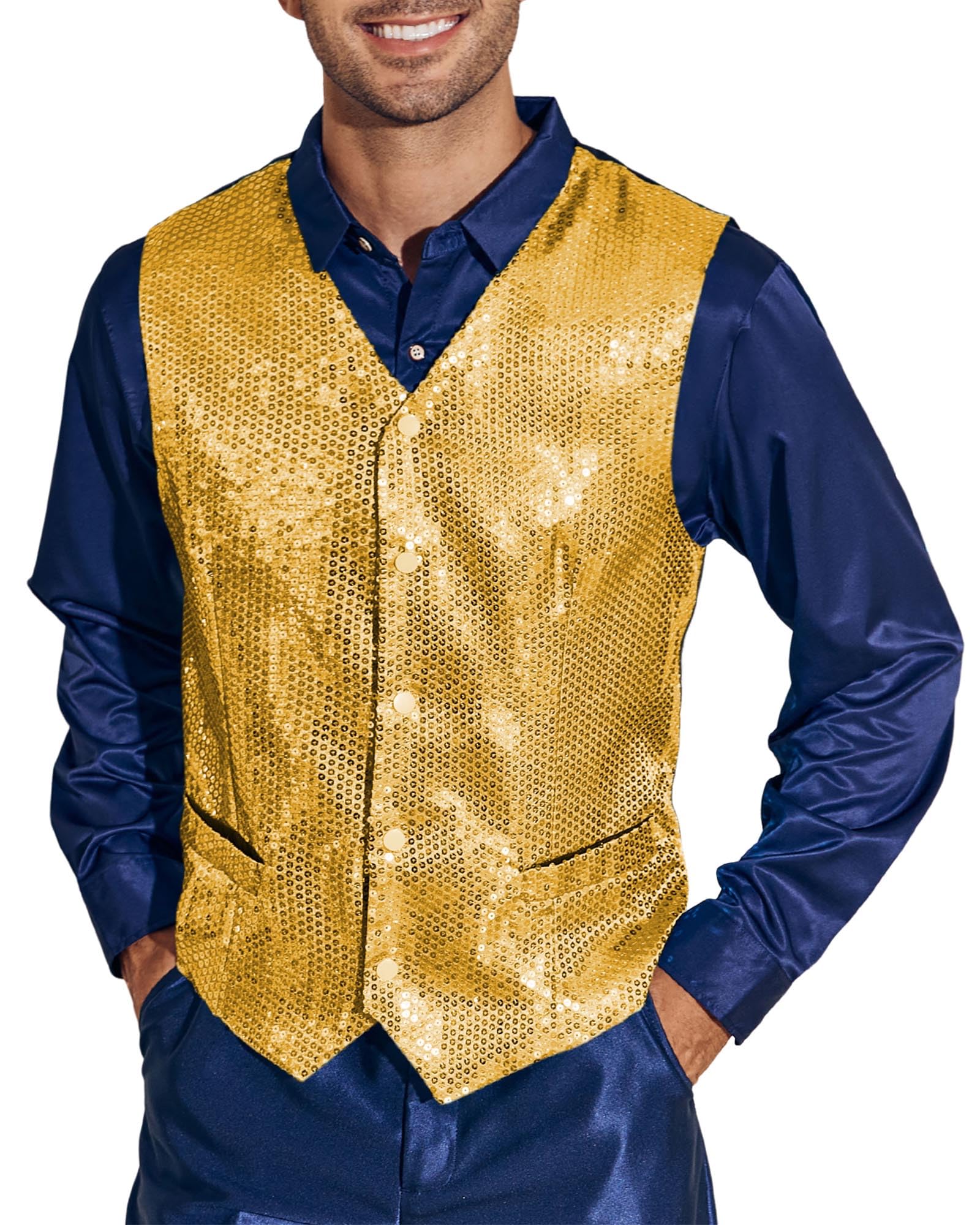 Beotyshow Men's Sequin Vest - Elegant Dress Suit Waistcoat with Pockets for Prom, Party & Tuxedo | Perfect for Weddings, Nightclubs & Formal Events
