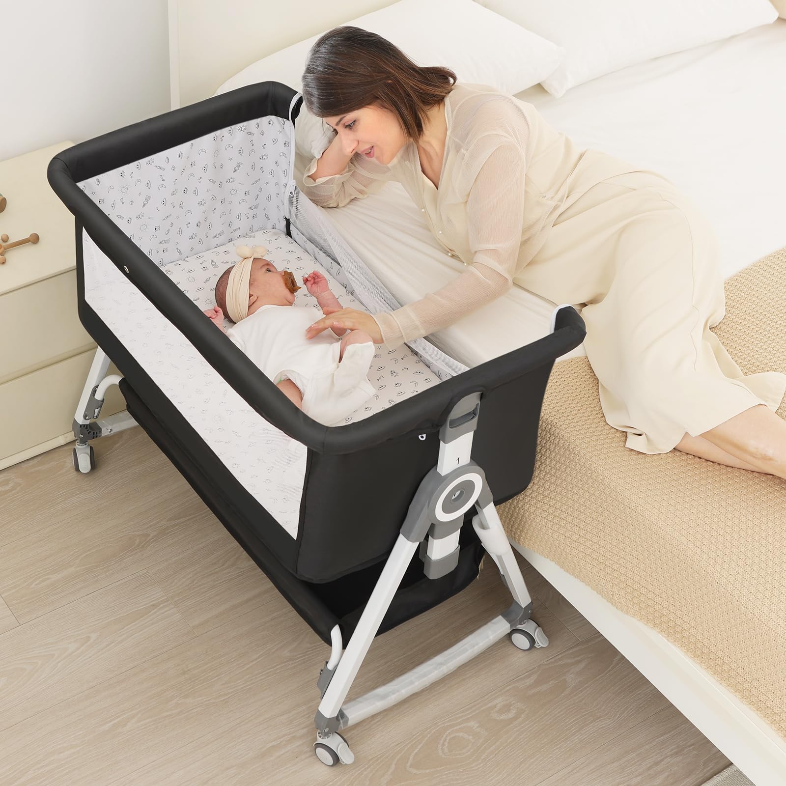 4-in-1 Baby Bassinet & Bedside Sleeper for Newborns - Adjustable Height Crib with 360° Wheels, Storage Basket & Mosquito Net | Portable Infant Bed for Nursery, Travel & Co-Sleeping | Breathable Mesh Design for Safe Baby Sleep