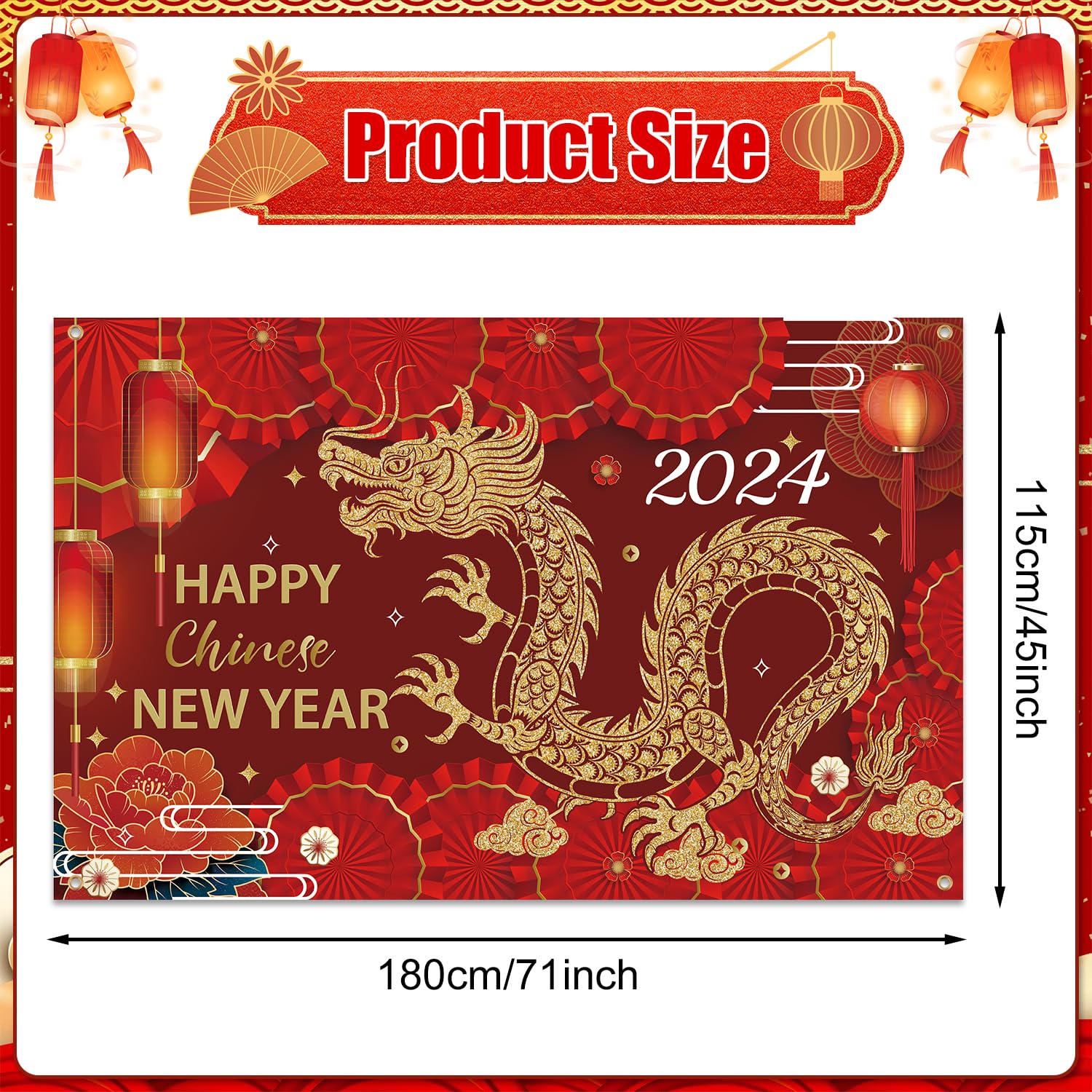 71x45 Inch Happy New Year Banner 2024 - Chinese New Year Backdrop, Dragon Lantern Red Background for New Year Eve Party Decorations & Photo Props | Perfect for Home, Office, and Festival Celebrations