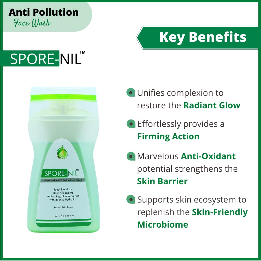 SPORE-NIL Anti-Pollution & Antioxidant Facial Cleanser - 100ml | Green Tea, Hyaluronic Acid & Vitamin E Face Wash for Deep Cleansing | Removes Dirt & Impurities for Men & Women | Perfect for Daily Skincare Routine & Post-Workout Refreshment
