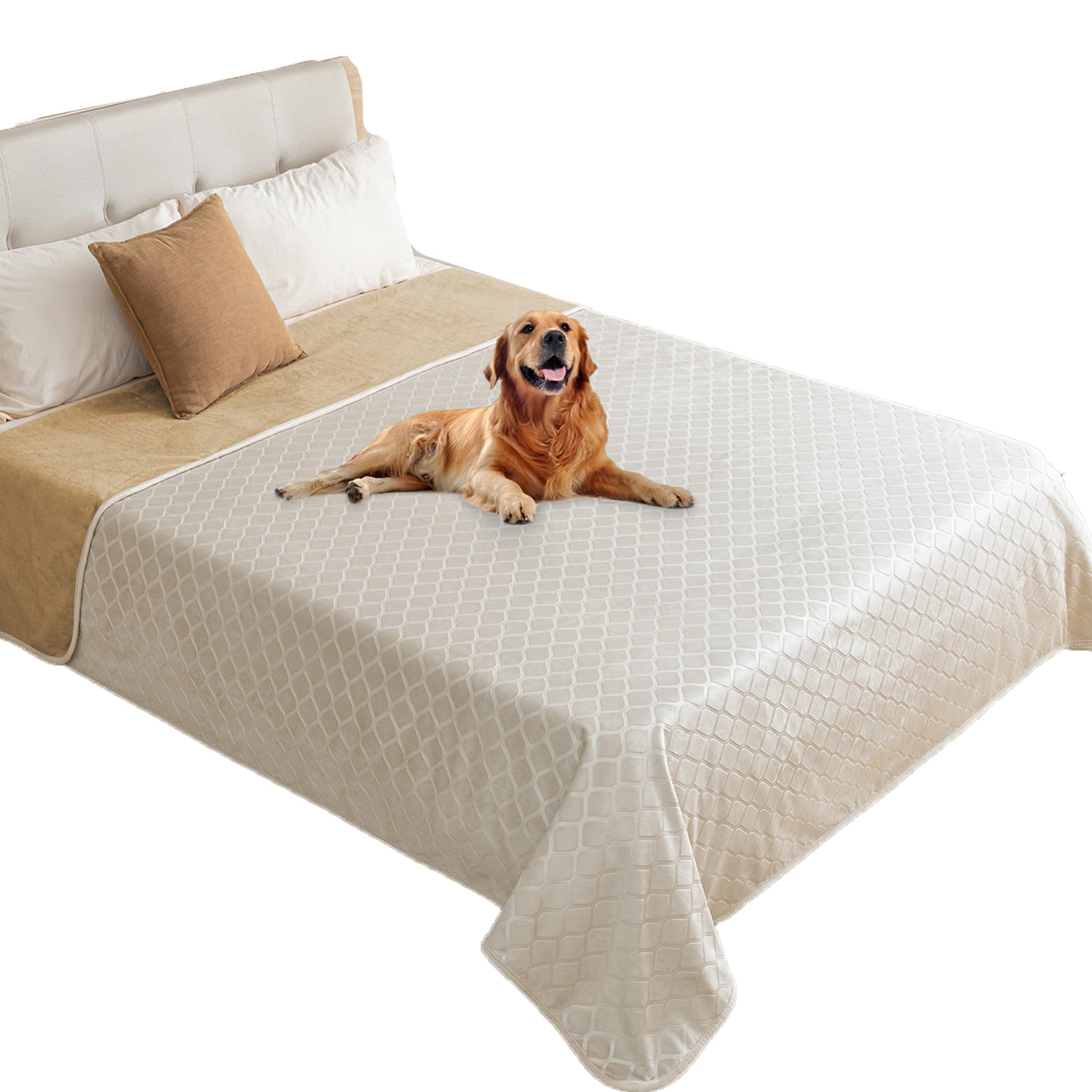 Waterproof Dog Blanket - 82x82 Inch Cozy Plush Pet Throw for Sofa & Couch | Moroccan Velvet Fuzzy Bed Cover (Cream & Sand) - Perfect for Indoor Lounging, Travel & Pet Protection