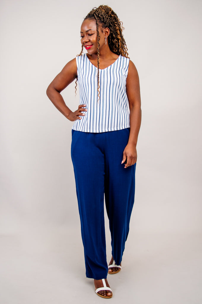 Havana Tank Top - Indigo Stripe Linen Bamboo Blend Women's Shirt - Perfect for Summer Outfits, Beach Wear & Casual Style