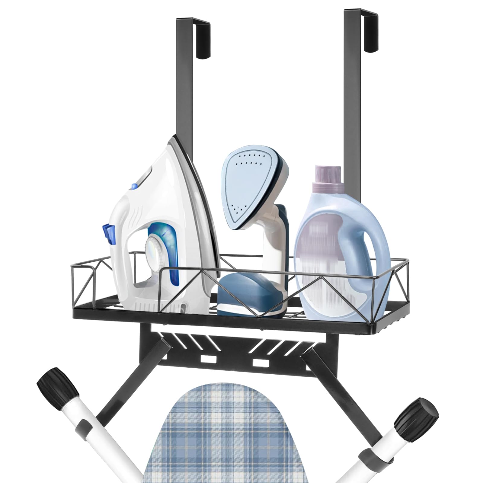 Metal Over The Door or Wall Mounted Ironing Board Hanger - Adjustable Storage Shelf with Hooks for Laundry Room, Living Room, Bathroom - Space Saving Organizer for Home & Apartment (Matte Black)