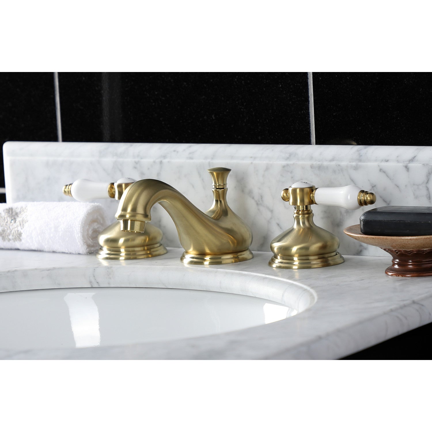 Bel Air KS1167BPL Brushed Brass Widespread Bathroom Faucet - 2 Handle 3 Hole Deck Mount with Brass Pop Up Drain - Perfect for Modern Bathroom Renovations and Vanity Upgrades