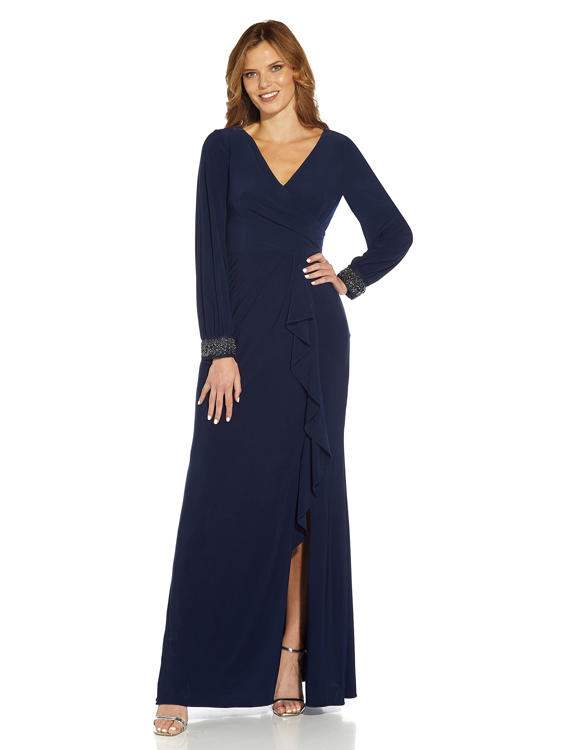 Adrianna Papell Women's Elegant Draped Jersey Beaded Evening Gown - Perfect for Prom, Black Tie Events & Formal Occasions
