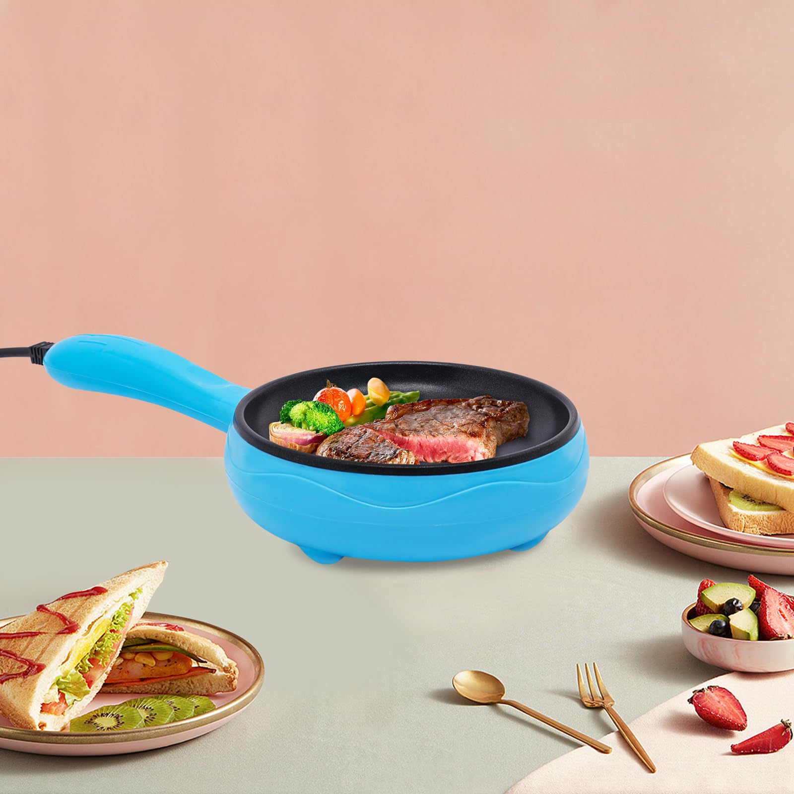 6-Inch Non-Stick Electric Skillet - Rapid Heating Mini Griddle for Pancakes, Eggs & Snacks | Portable Breakfast & Lunch Solution for Dorms, Offices & Travel | Blue/Yellow/Pink (Blue)