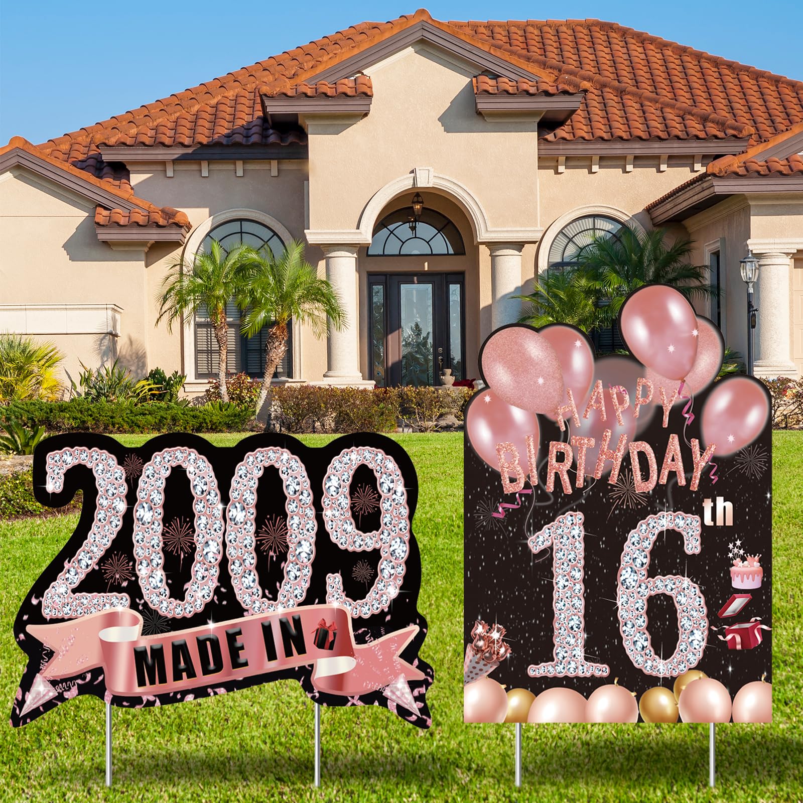 2Pcs Sweet 16 Birthday Yard Signs - Weatherproof Outdoor Party Decorations with Stakes for Girls, Made in 2009 | Perfect for Lawn Decor, Backyard Celebrations & Milestone Birthday Parties