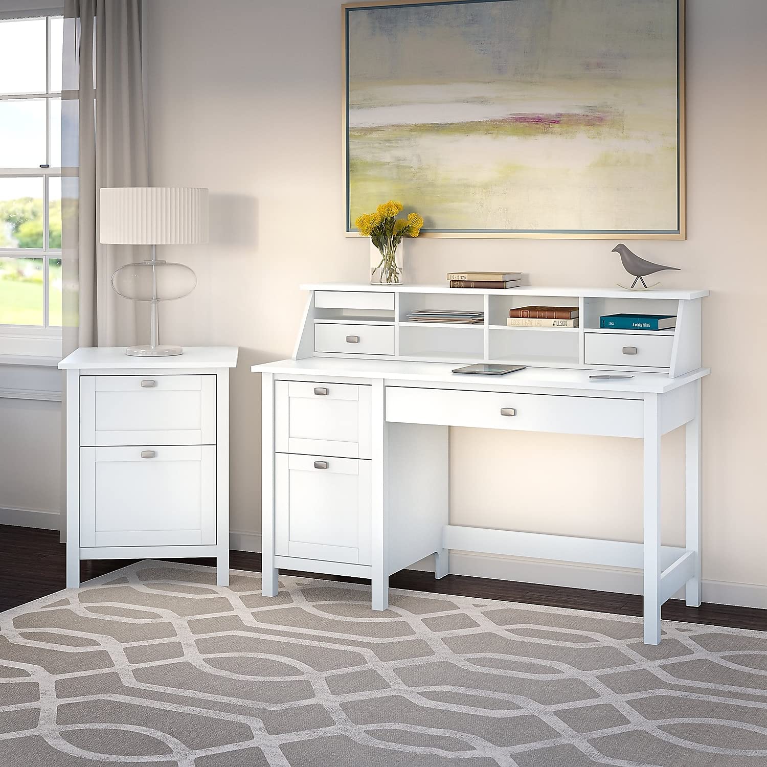 Bush Furniture Broadview 54-Inch Wide Computer Desk with 2 Drawers, Pure White - Home Office Desk for Small Spaces, Study & Workstation Setup