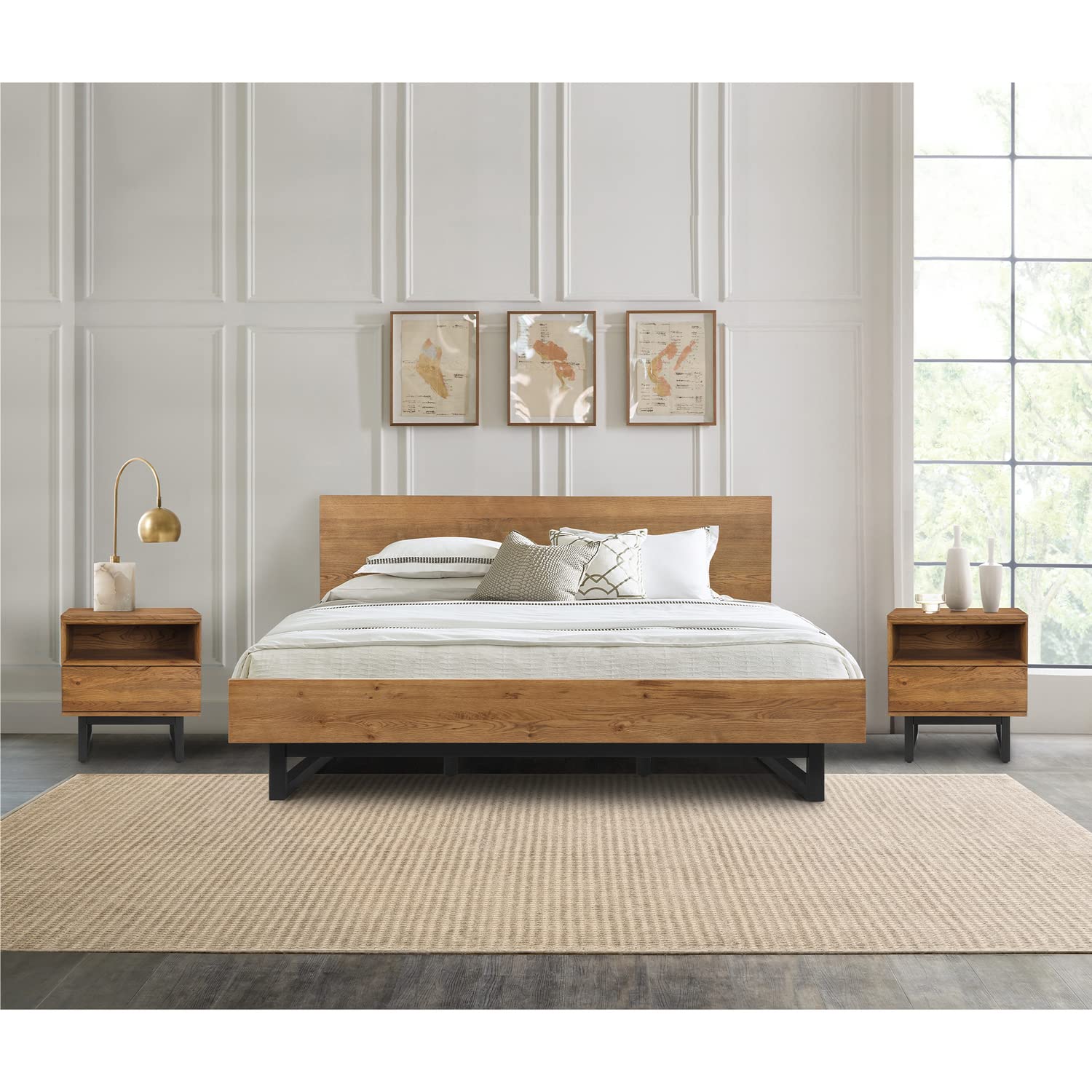 Armen Living Aldo 3-Piece Platform Bedroom Set with Bed Frame and Nightstands, Brown - Perfect for Modern and Minimalist Bedroom Decor