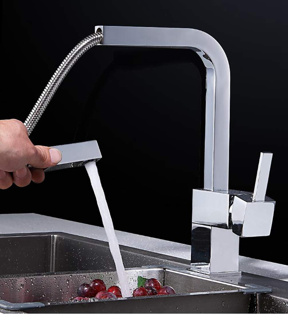 360 Degree Swivel Pull Out Kitchen Faucet - Chrome Square Sink Mixer Tap with Sprayer | Perfect for Washing Dishes, Filling Pots & Cleaning Vegetables