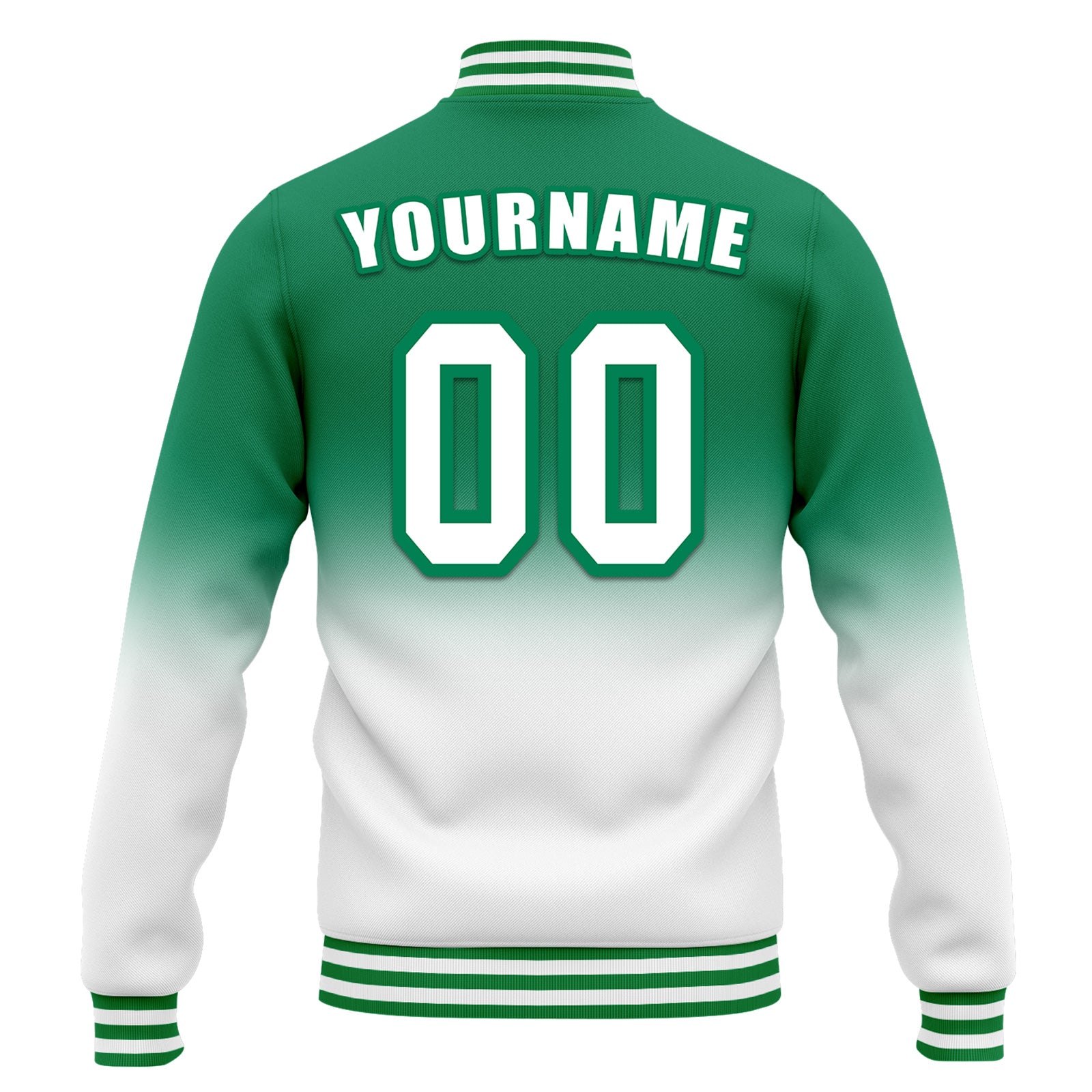 Custom Green & White Fade Bomber Jacket - Personalized Varsity Letterman Jacket with Full Snap Closure (Style FZ005 D020229) - Perfect for School Spirit, Sports Events & Streetwear Fashion