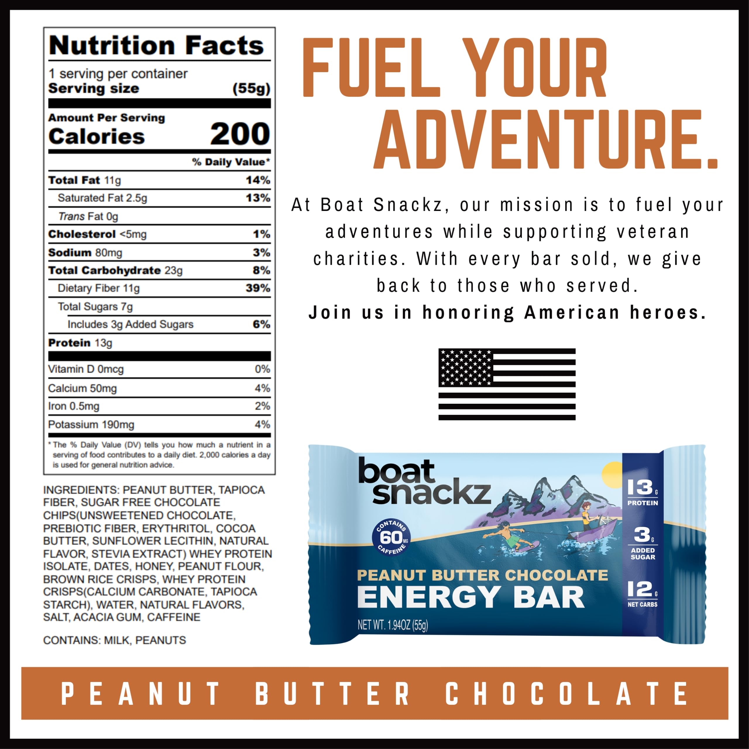 Boat Snackz Peanut Butter Chocolate Protein Bars (12 Pack) - 13g Protein, Low Sugar - Perfect for Hiking & Workouts