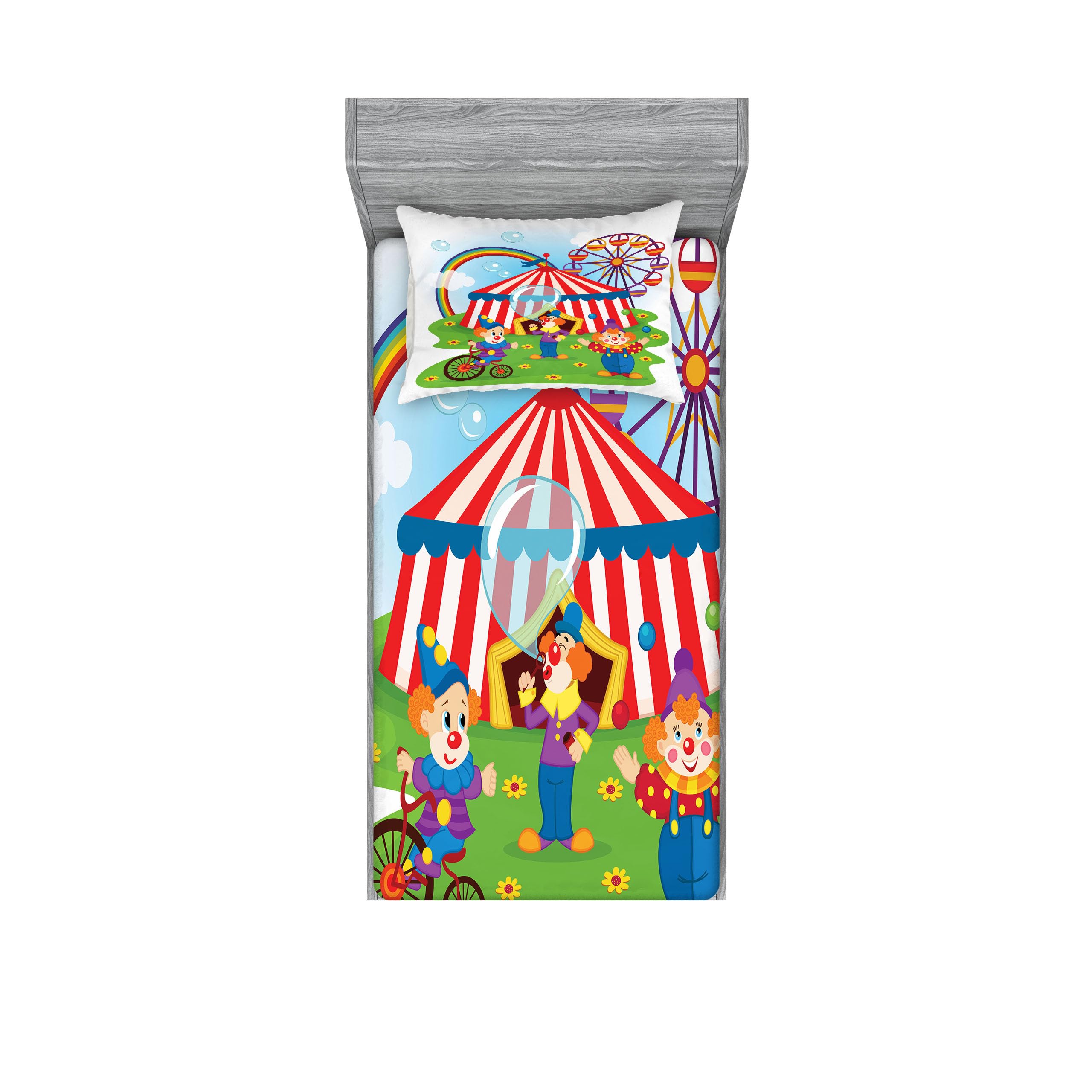 Ambesonne Circus Fitted Sheet & Pillow Sham Set - Colorful Clown, Ferris Wheel & Rainbow Design on Grass - 2-Piece Twin Size Bedding for Kids Room Decor - Perfect for Themed Bedrooms, Birthday Parties & Childhood Nostalgia