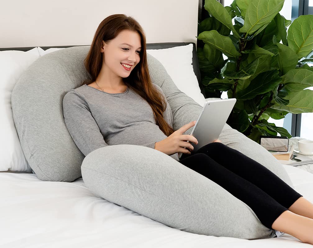 INSEN Pregnancy Pillow for Side Sleepers - C-Shaped Maternity Body Pillow with Soft Velvet Cover, Grey Jersey - Perfect for Back Pain Relief & Comfortable Sleep During Pregnancy
