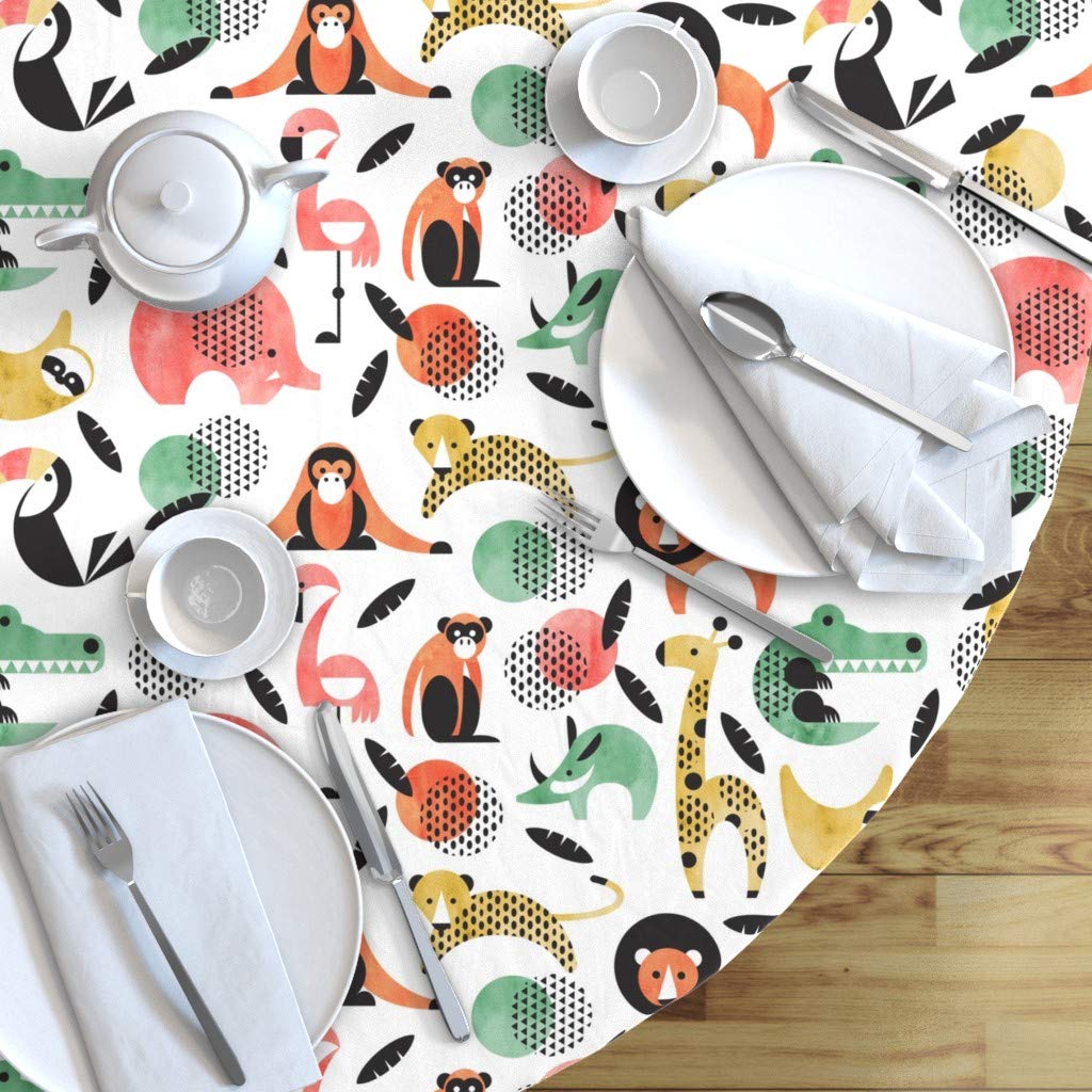 Memphis Style Jungle Animals Pastel Cotton Sateen Tablecloth - 70 Inch Round Colorful Zoo Print for Kids Room, Modern Baby Nursery & Gender Neutral Home Decor | Perfect for Birthday Parties, Baby Showers & Dining Table Settings