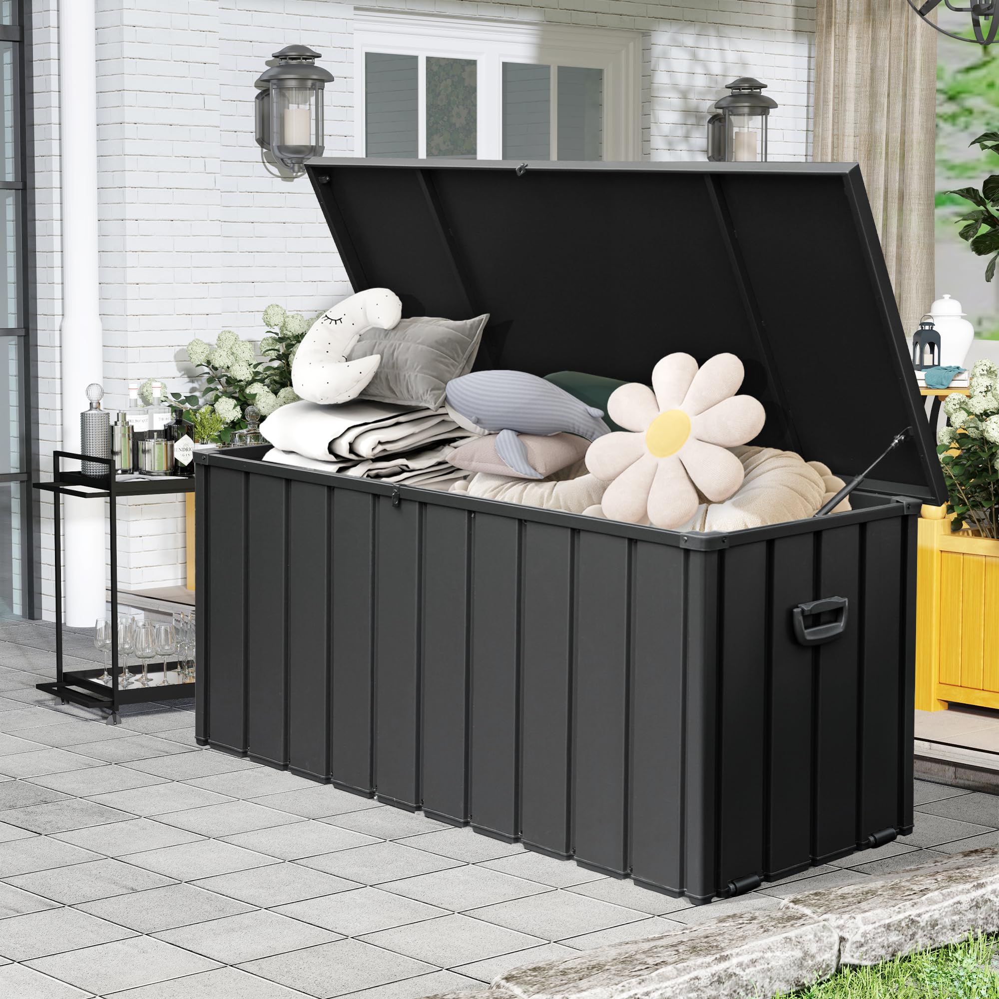 160 Gallon Outdoor Storage Deck Box - Heavy Duty Galvanized Steel Waterproof Storage Bench with Wheels & Lock - All-Weather UV-Resistant for Porch, Cushions, Tools (Grey) - Perfect for Patio Furniture Storage, Package Delivery Protection, and Backyard Organization