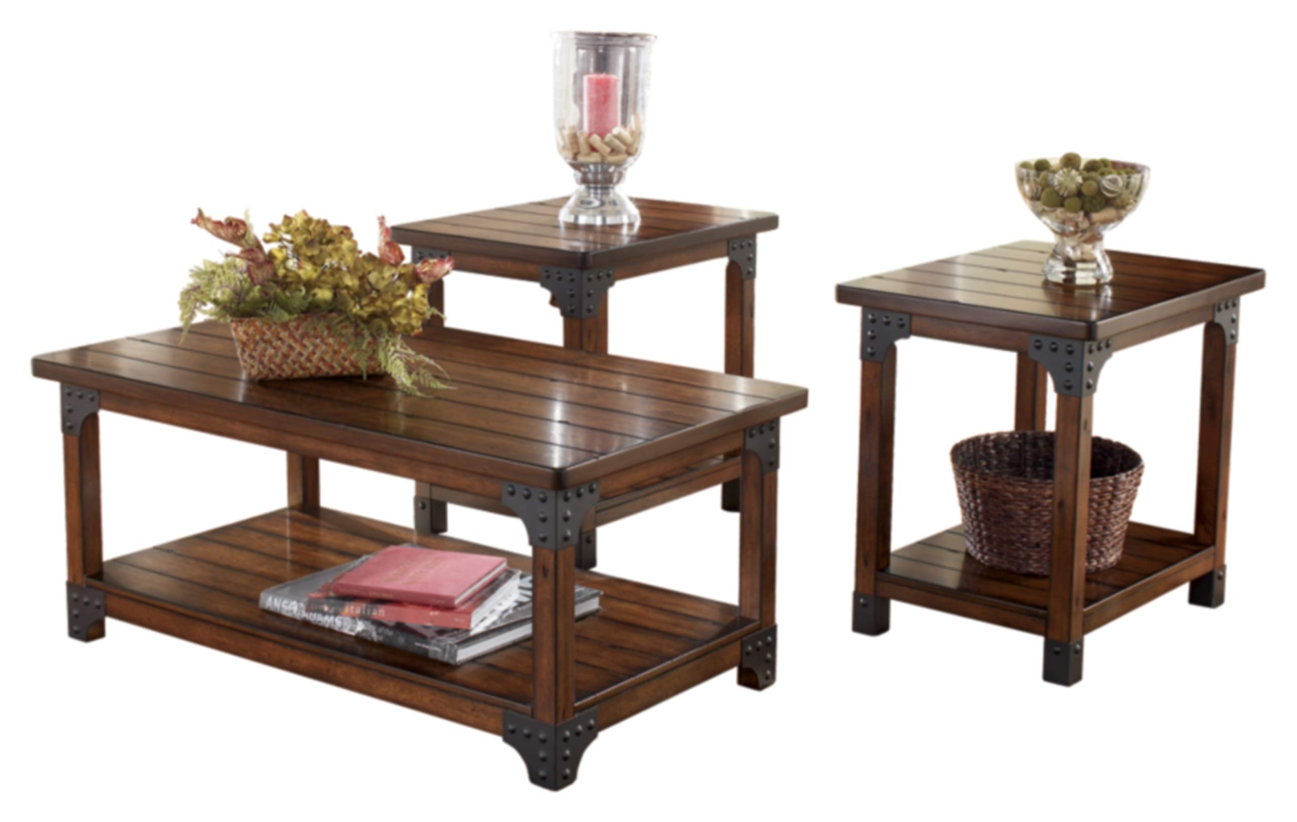 Ashley Murphy Industrial 3-Piece Coffee Table Set with 2 End Tables & Fixed Shelf - Rustic Brown Living Room Furniture for Modern Home Decor | Perfect for Living Room, Lounge & Entertainment Areas