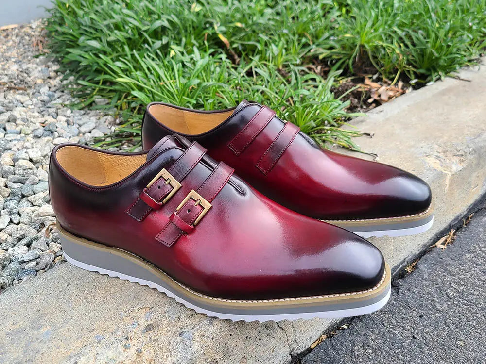 Premium Burnished Double Monk Strap Whole Cut Leather Dress Shoes for Men - Elegant Formal & Business Attire