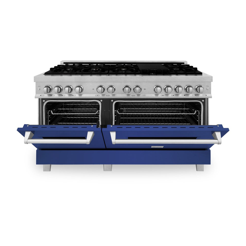 ZLINE 60-Inch 7.4 cu.ft Dual Fuel Range with 9-Burner Gas Cooktop & 2 Electric Convection Ovens - Satin Stainless Steel with Blue Matte Doors (RAS BM 60) for Professional Home Kitchens and Gourmet Cooking