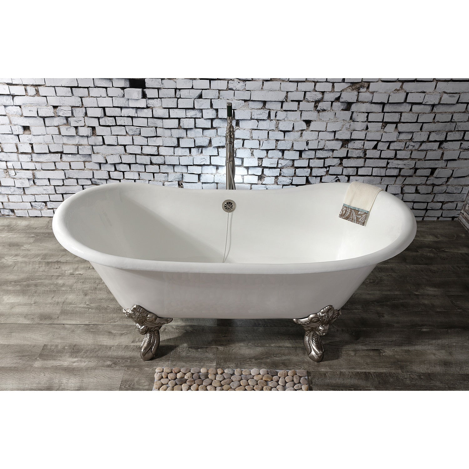 Aqua Eden 67 Inch White Cast Iron Oval Double Slipper Clawfoot Bathtub - Brushed Nickel Finish, No Faucet Drillings | Vintage Freestanding Soaking Tub for Master Bathroom, Luxury Spa Retreat, Classic Bathroom Centerpiece
